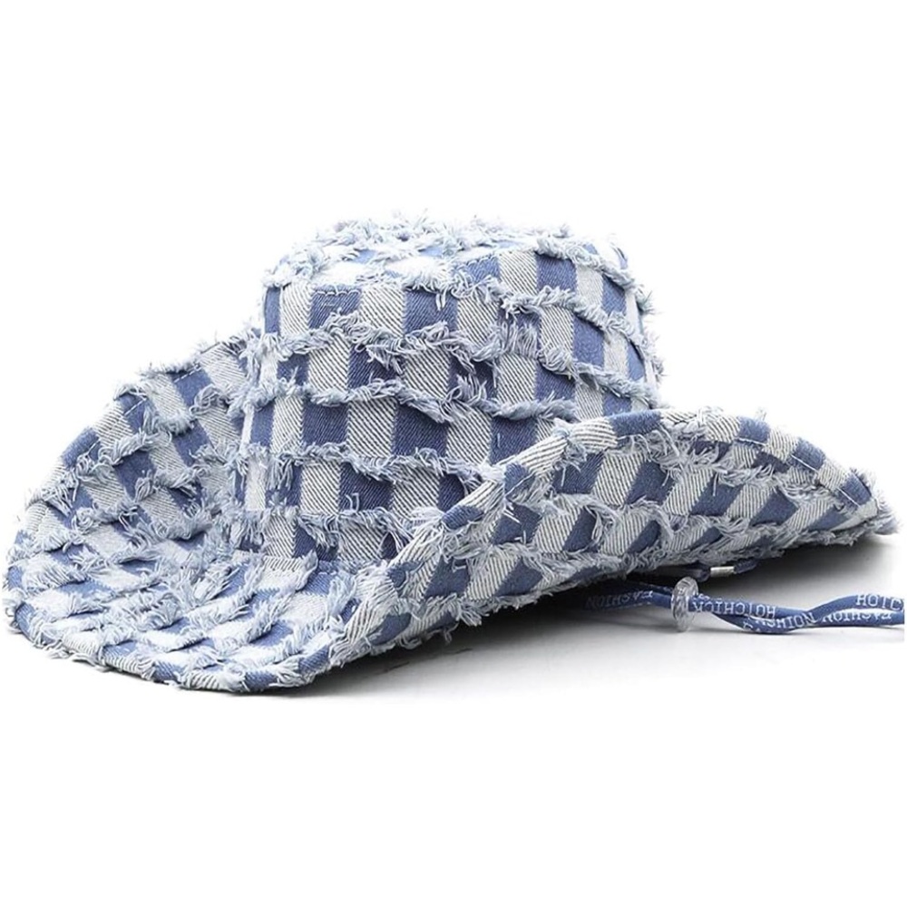 Light Blue Frayed Check Kids Sun Hat